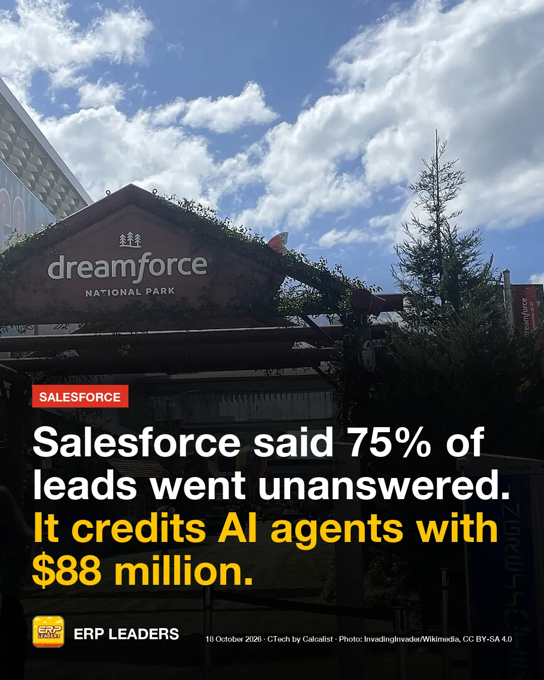 ERP LEADERS card: Salesforce said 75% of leads went unanswered. It credits AI agents with $88 million.
