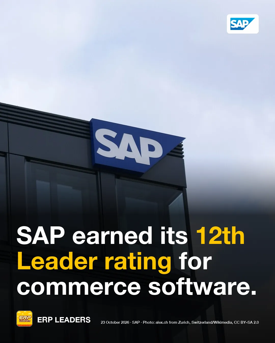 ERP LEADERS card: SAP earned its 12th Leader rating for commerce software.